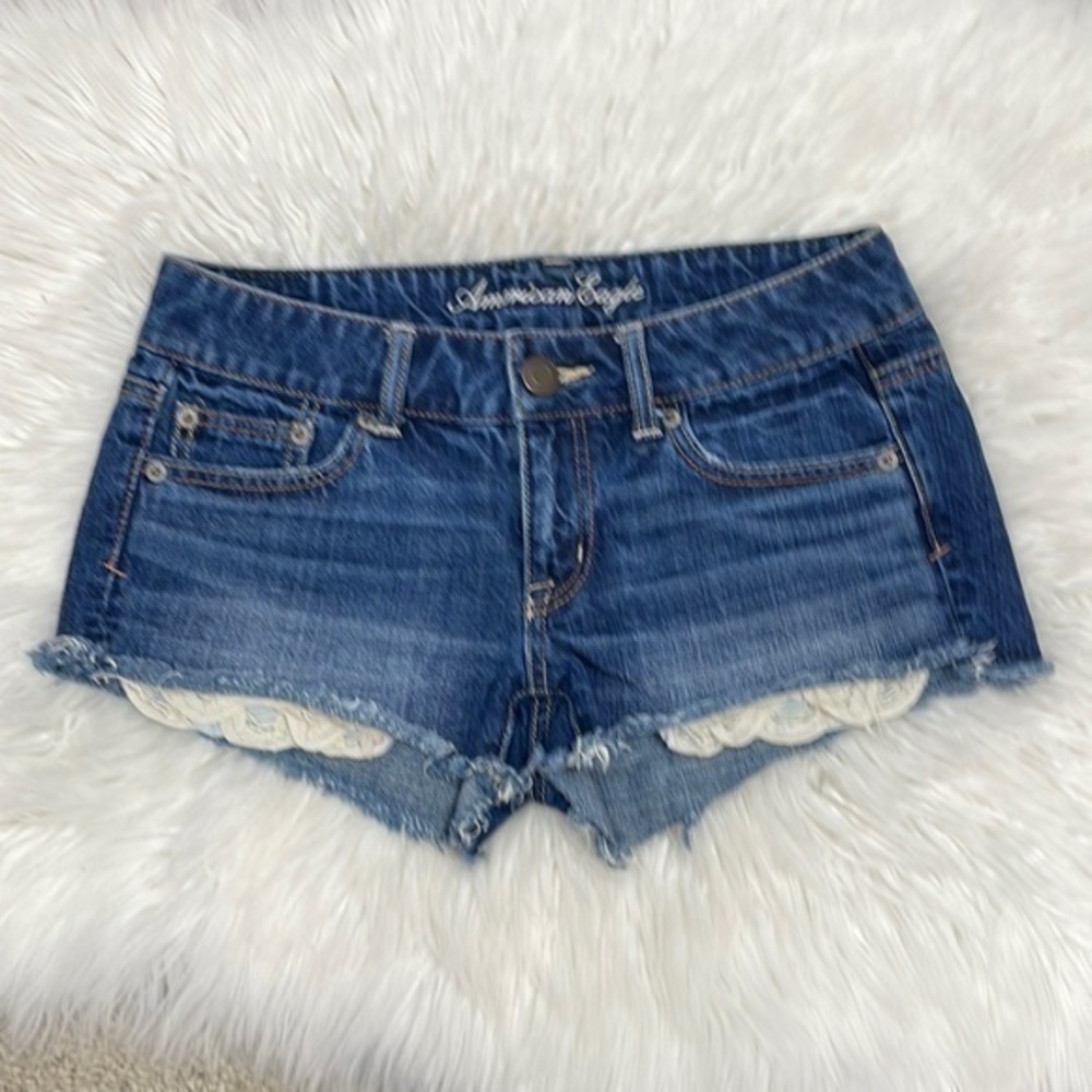 American Eagle Dark Wash Jean Shorts with Lace  Pockets, Size 0